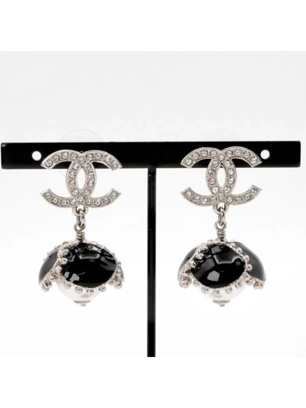 Chanel Earrings Silver Black Coco Mark Rhinestone Flower